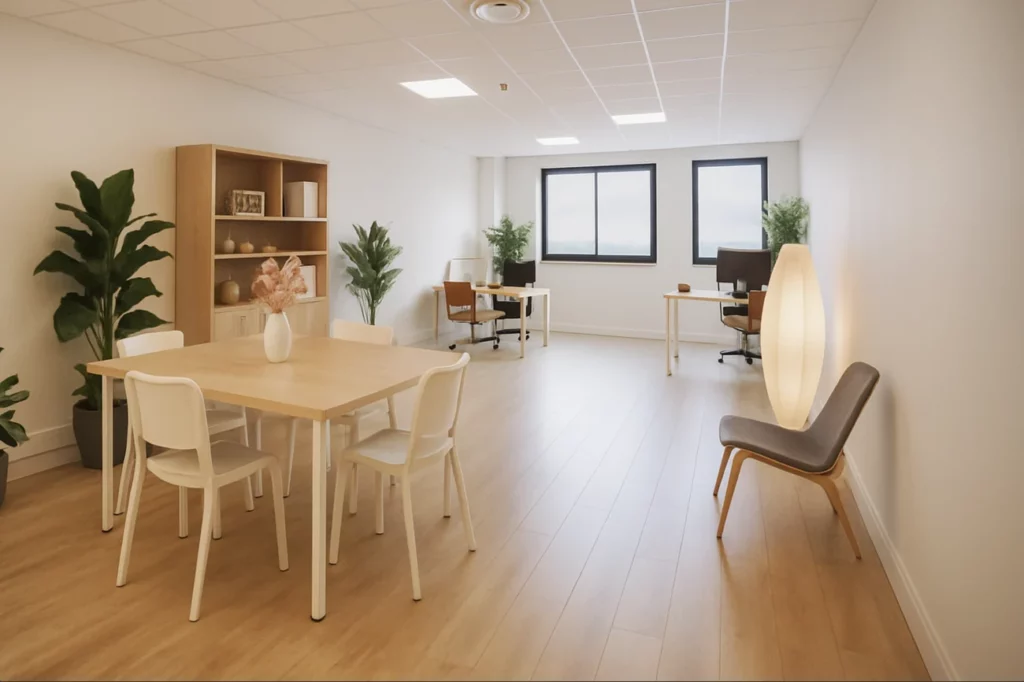 Grand plateau de bureaux avec coin réunion au centre d’affaires de Montpellier Garosud