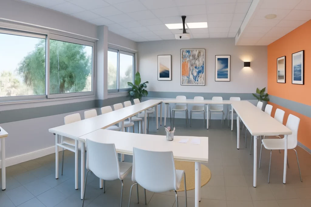 Salle de réunion lumineuse avec vue sur les arbres au centre du Millénaire à Castelnau-le-Lez